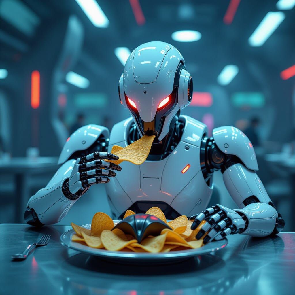 Robot Dining on Bat and Chips in Futuristic Style