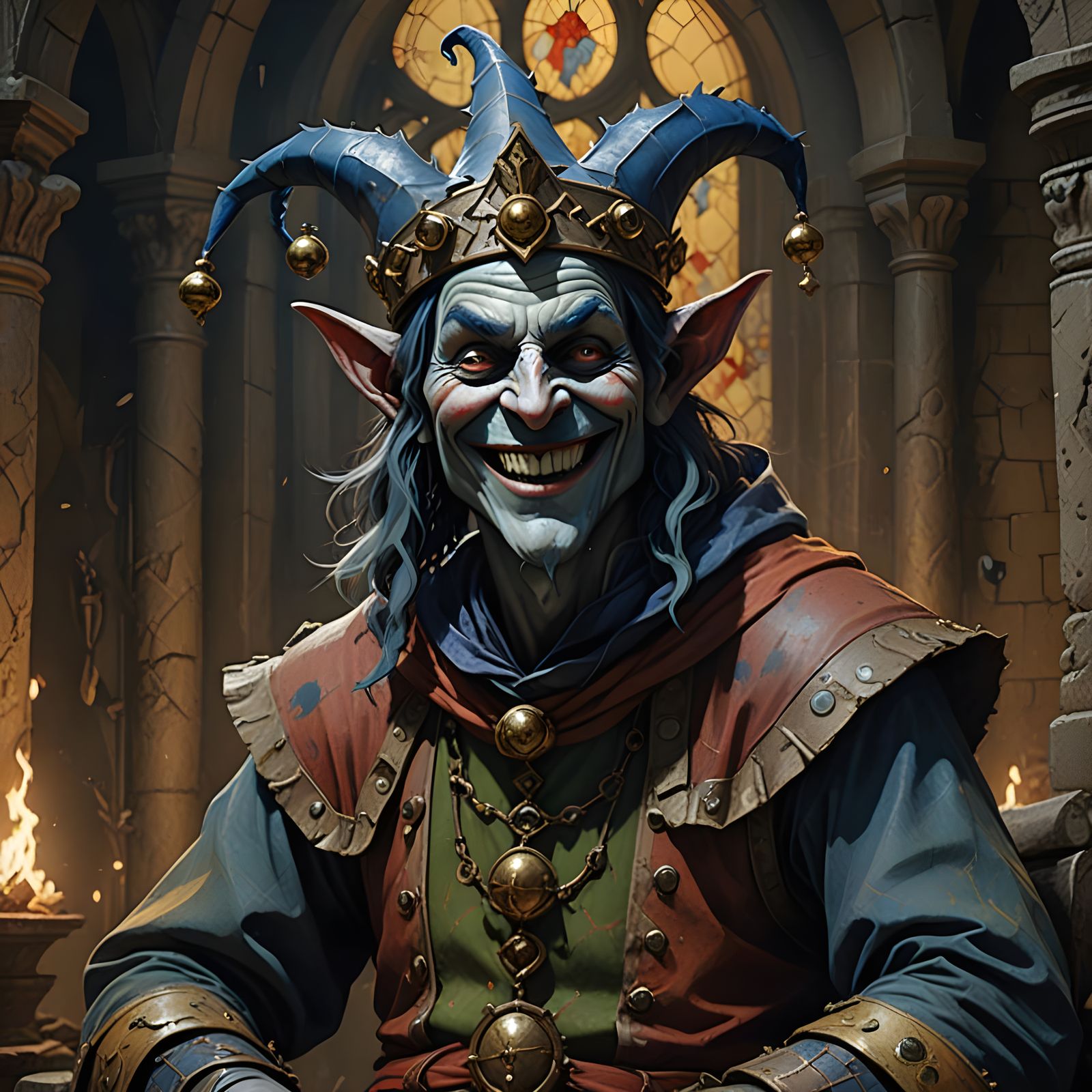 Muted Majesty: A Dark Jester's Portrait in Boschian Splendor