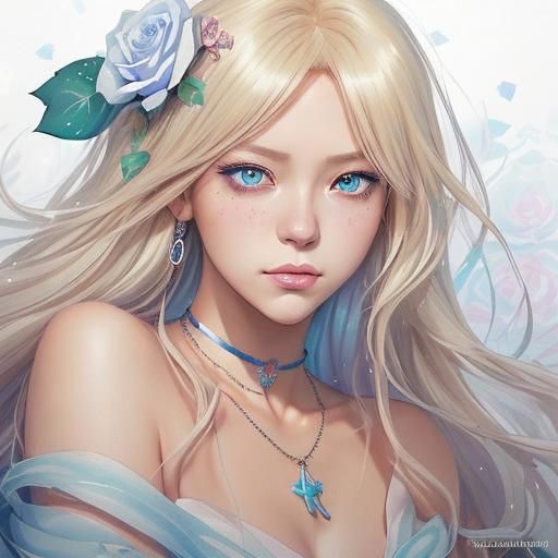 Sad Woman Portrait with Roses in Anime Style