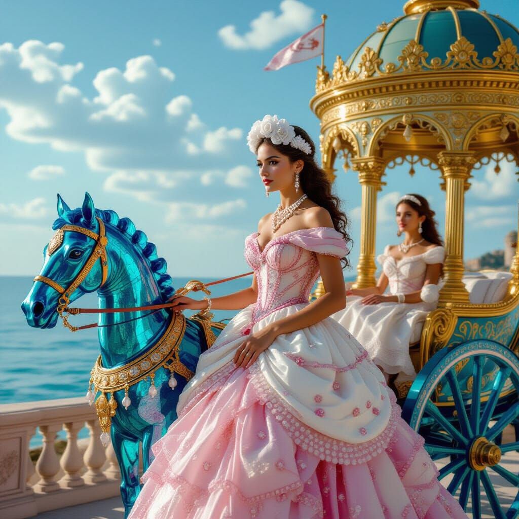 Roman Princess in Beaded Dress Rides Glass Horse