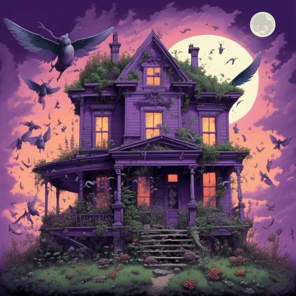 Surreal Purple House with Winged Creatures
