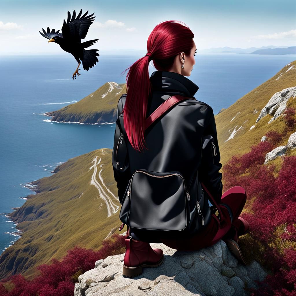 Girl with Crow Overlooking Ocean, Artgerm Style