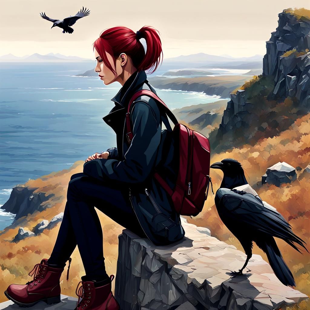 Girl with Crow Overlooking Ocean, Hyperdetailed Digital Art
