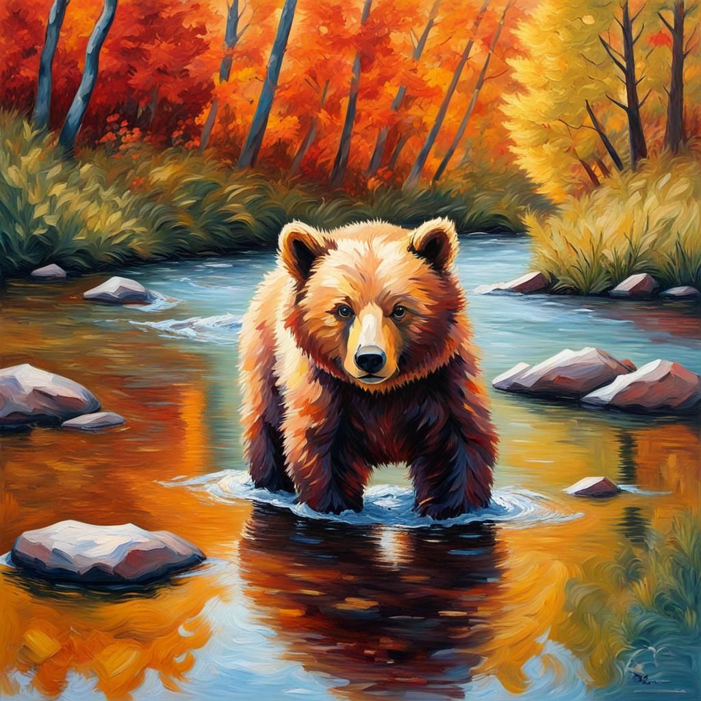 Baby Bear in Autumn River: Impressionist Oil Painting