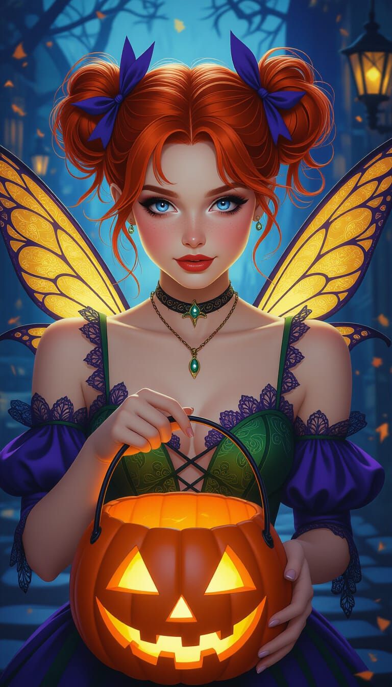 Tinkerbell Cosplayer Trick-or-Treating in Dark Fantasy Style