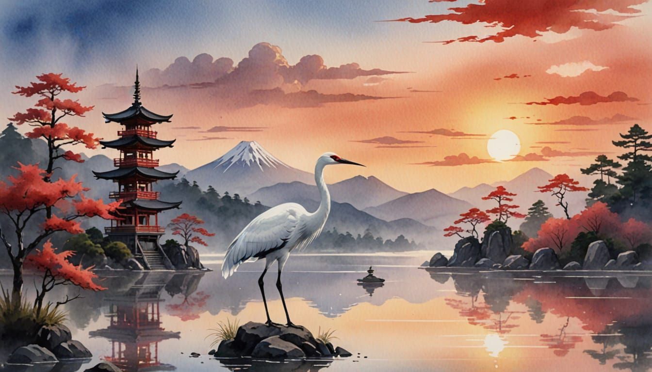 Serene Watercolor Crane by Lake with Pagoda