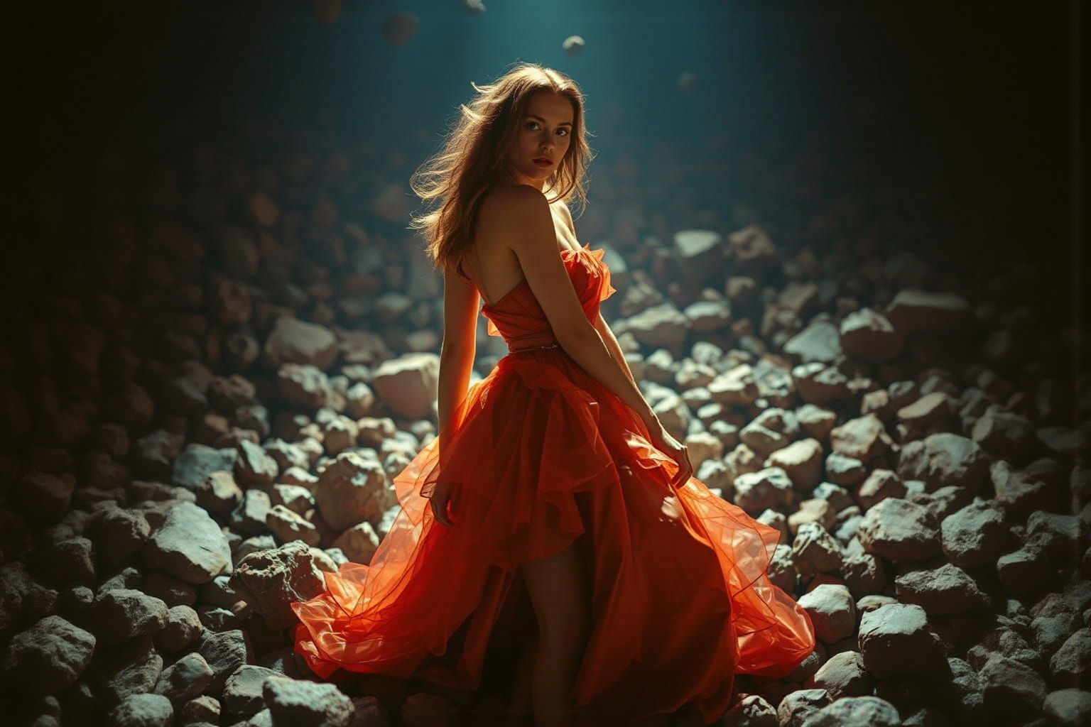 Model in Nebula Gown Posing in Asteroid Ball Pit