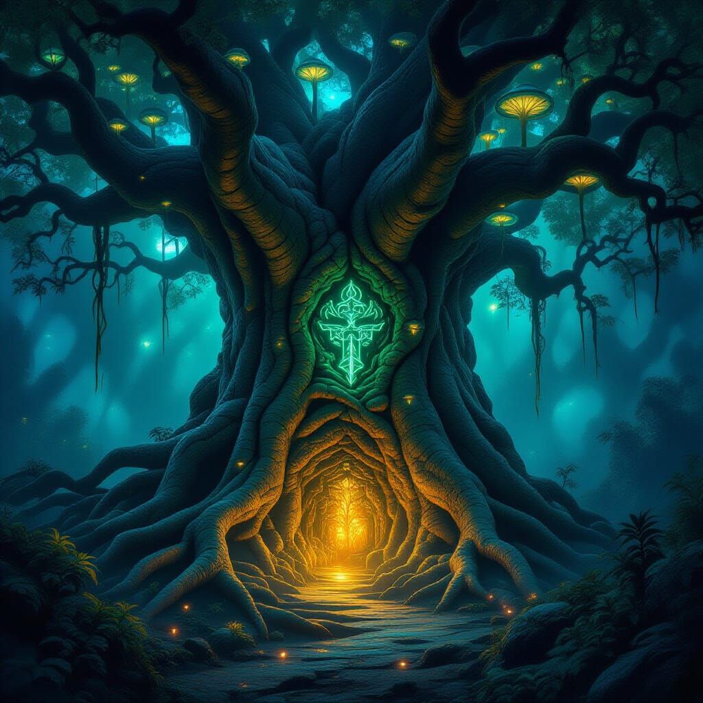 Ancient Tree Sanctuary With Bioluminescent Fungi