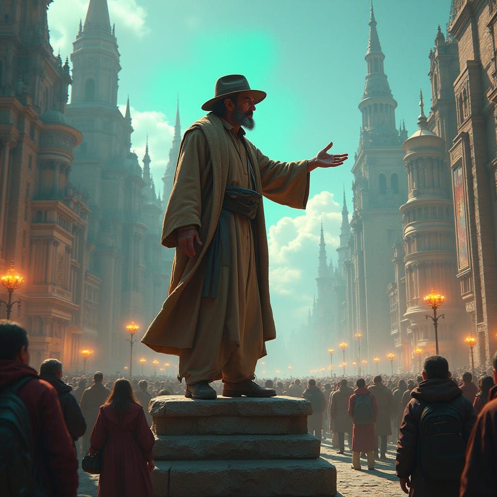 A Homeless Preacher in a Dreamlike Cityscape Teaches About J...