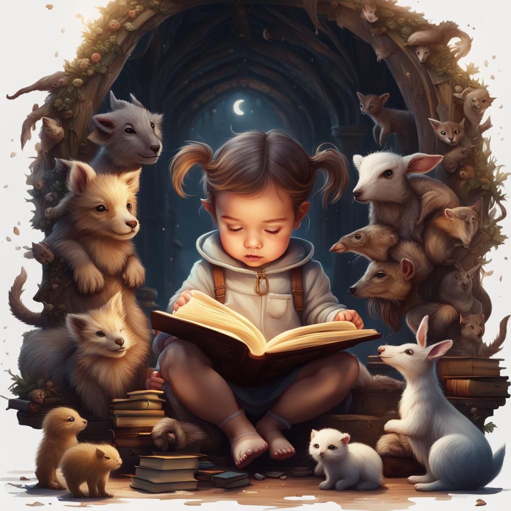 Enchanting Scene: Girl Reading Surrounded by Baby Animals
