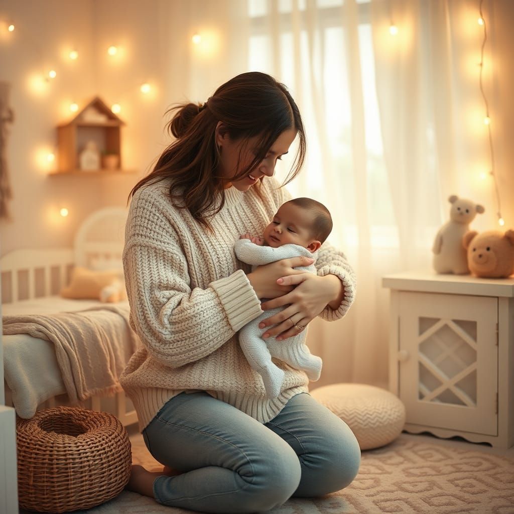 Mother and Baby in Cozy Nursery, Whimsical Illustration