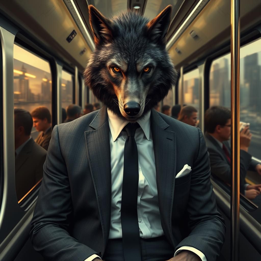 Werewolf Businessman on Train in Hyperreal Style