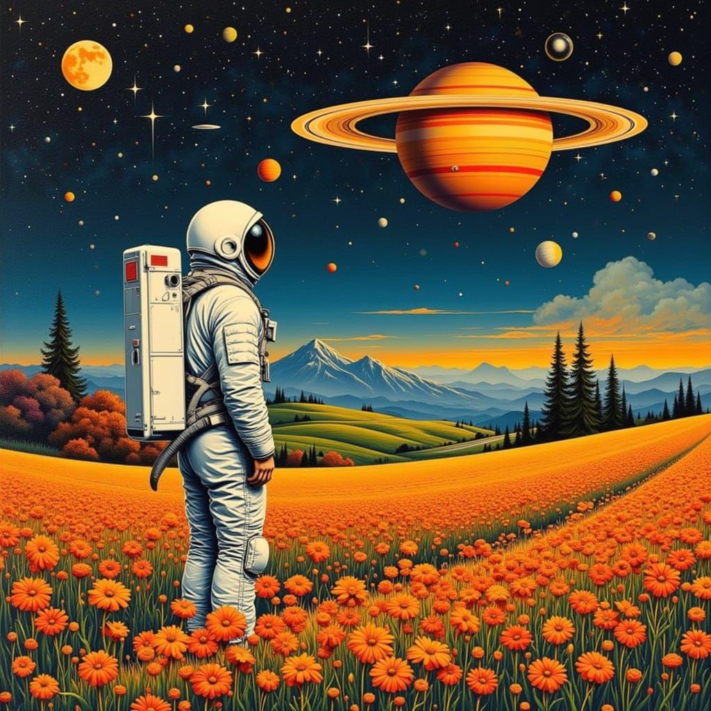 Astronaut in Wildflowers Under Cosmic Sky