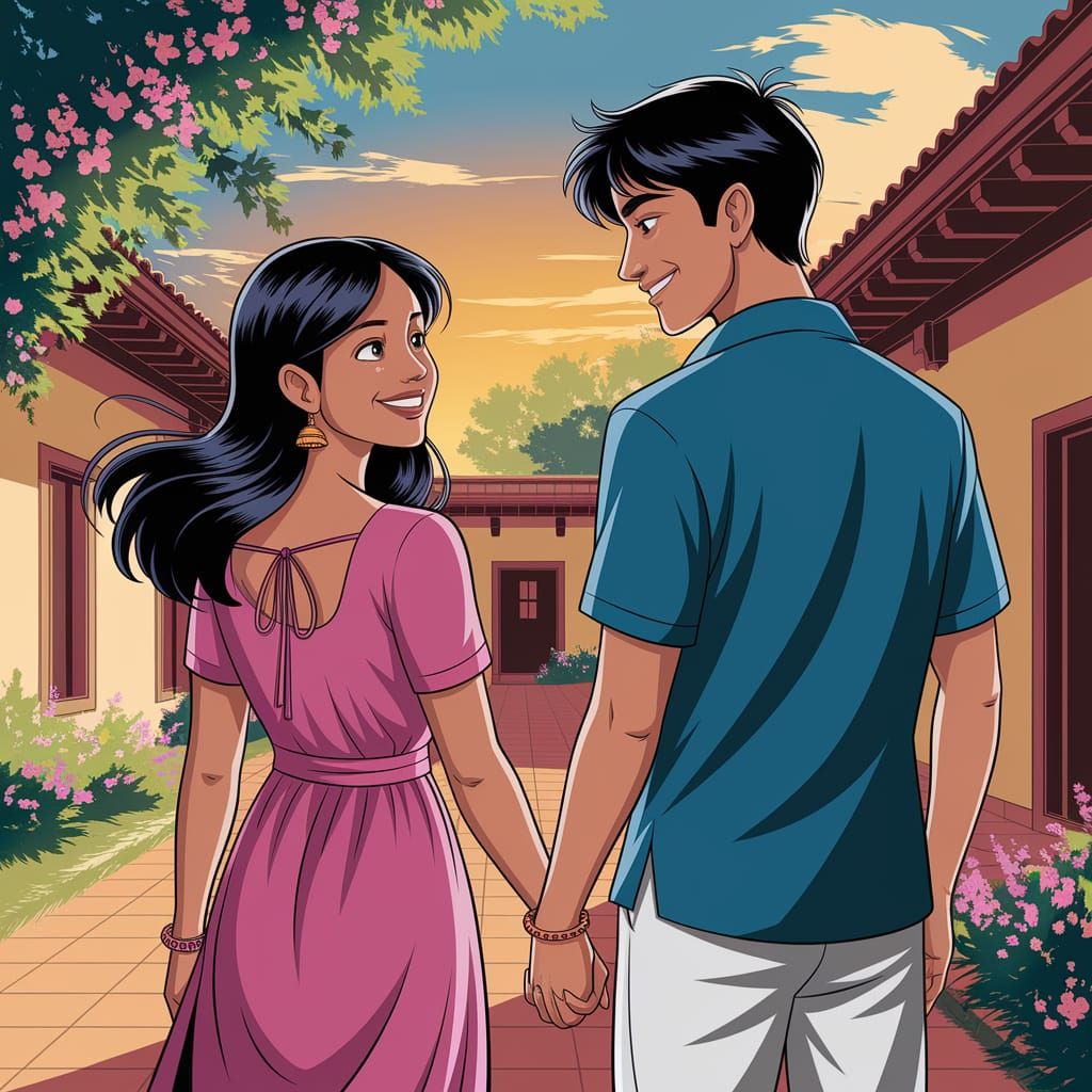 Indian Couple Smiles in Ghibli Art Style