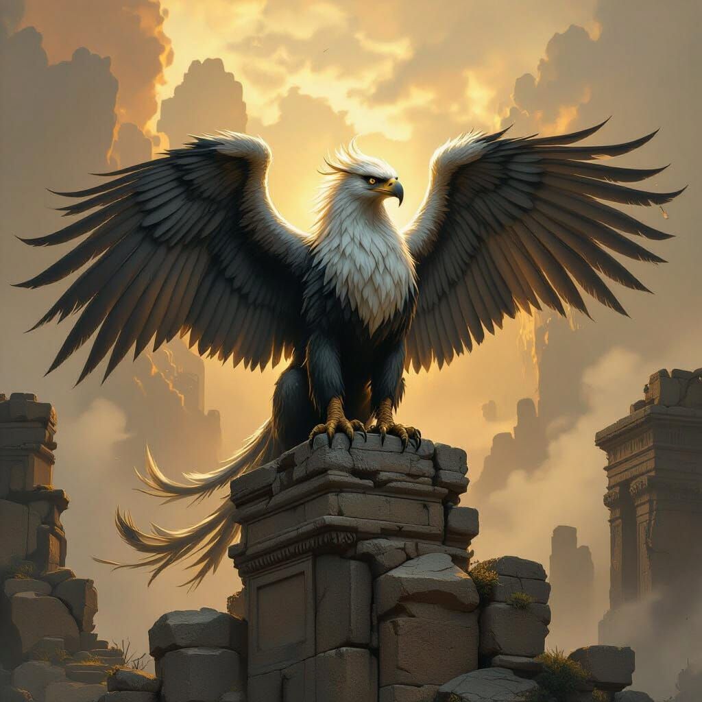 Majestic Griffin Perched Atop Ancient Ruins