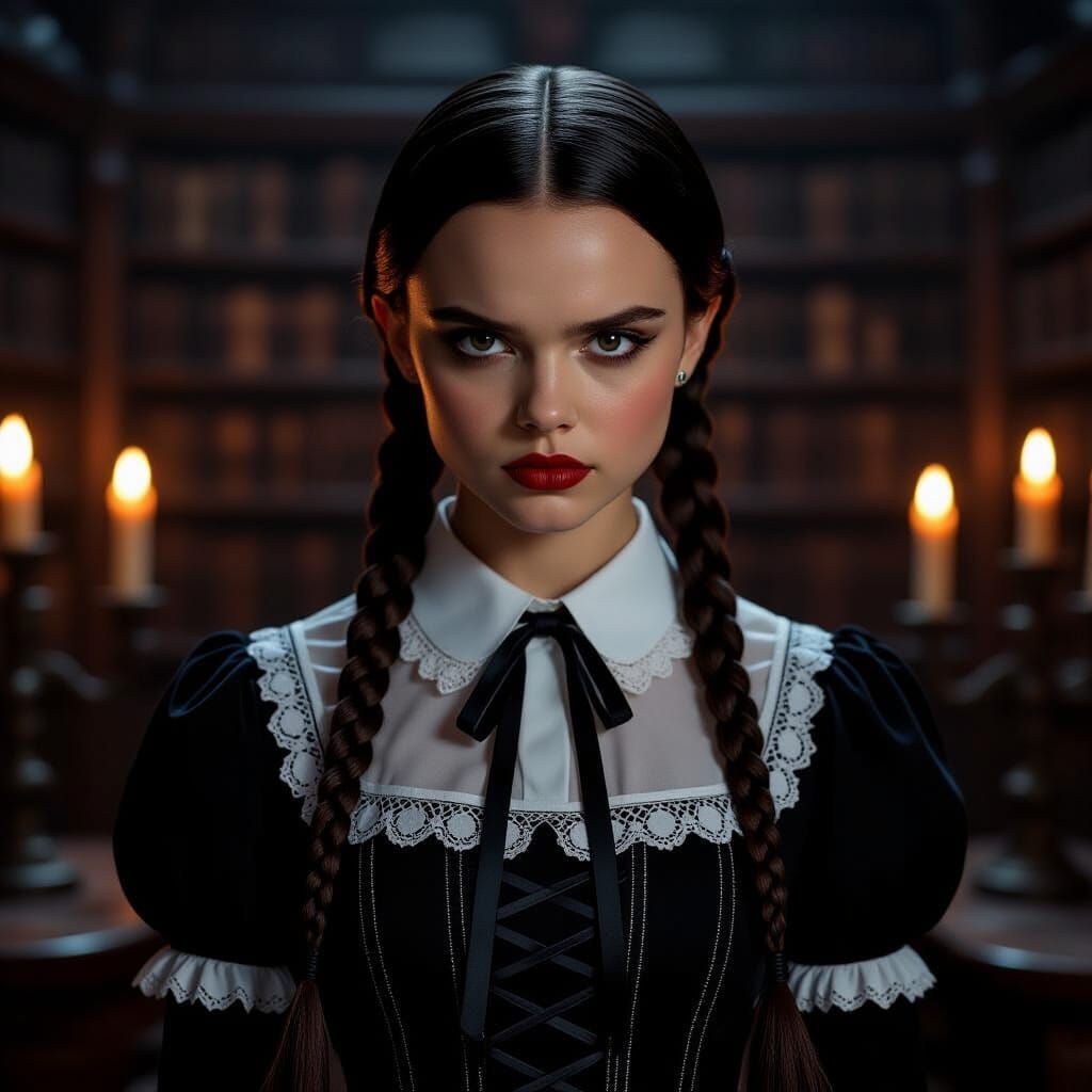 Jenna Ortega as Wednesday Addams in Gothic Library