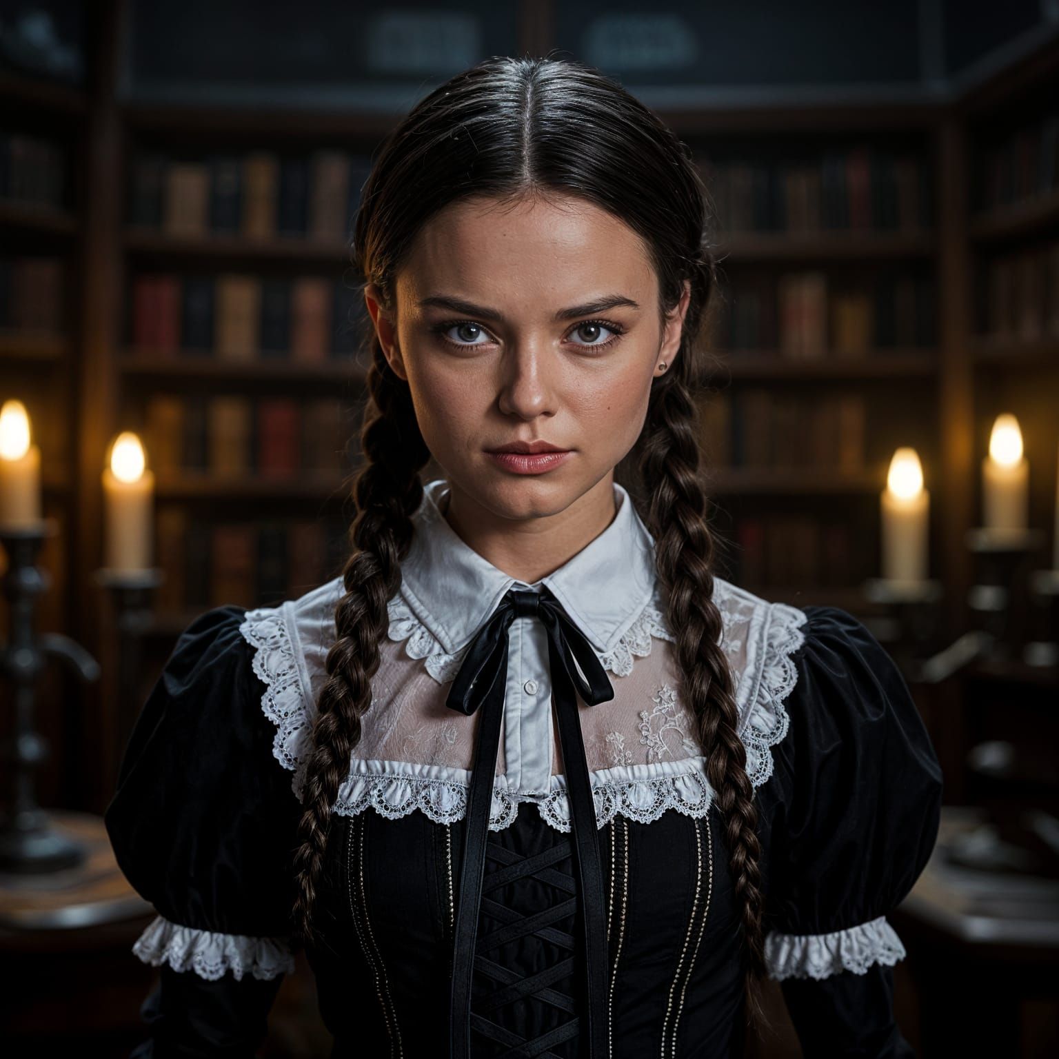 Jenna Ortega as Wednesday Addams in Gothic Library