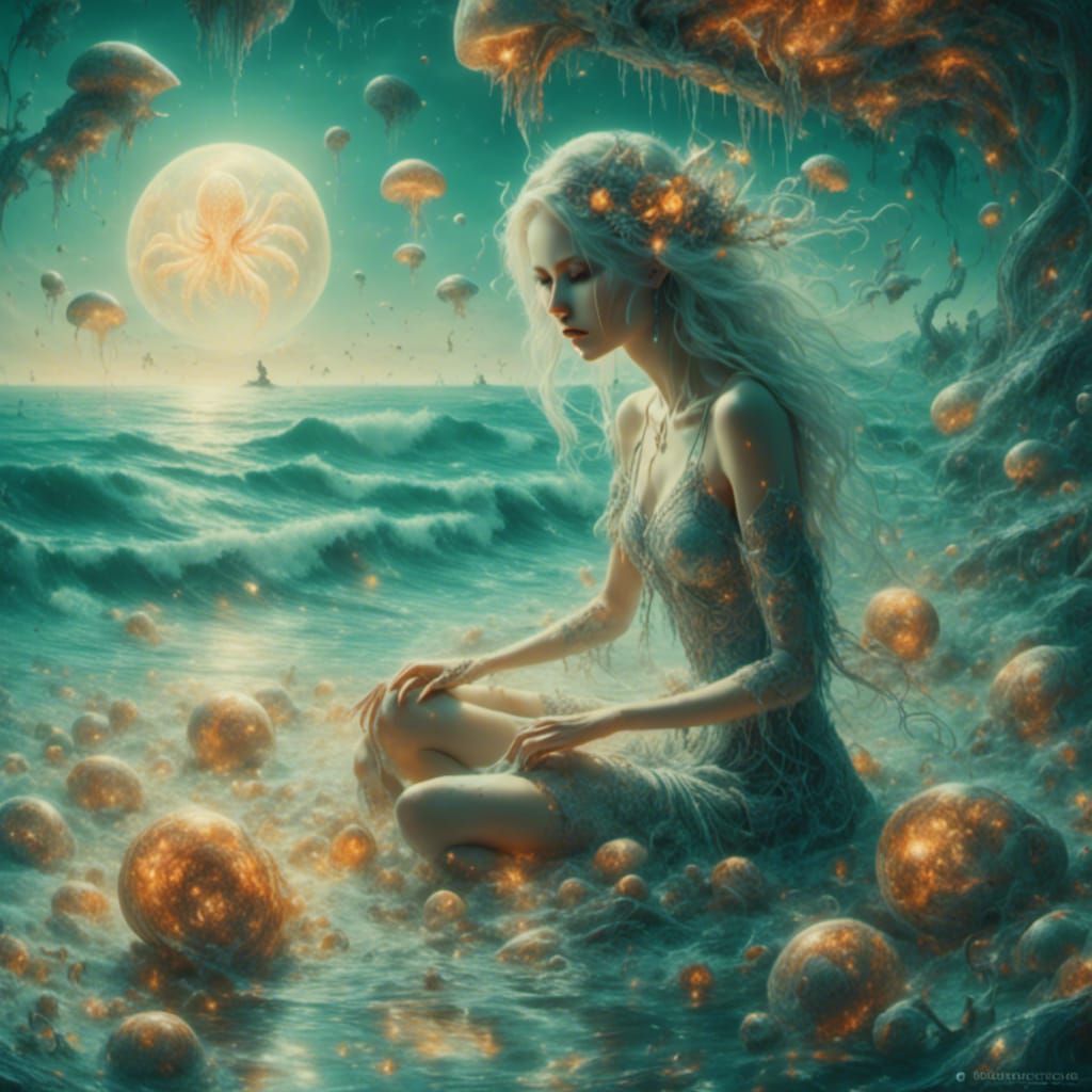 Double Exposure: Cthulhu Seashell Vendor in Biopunk Style