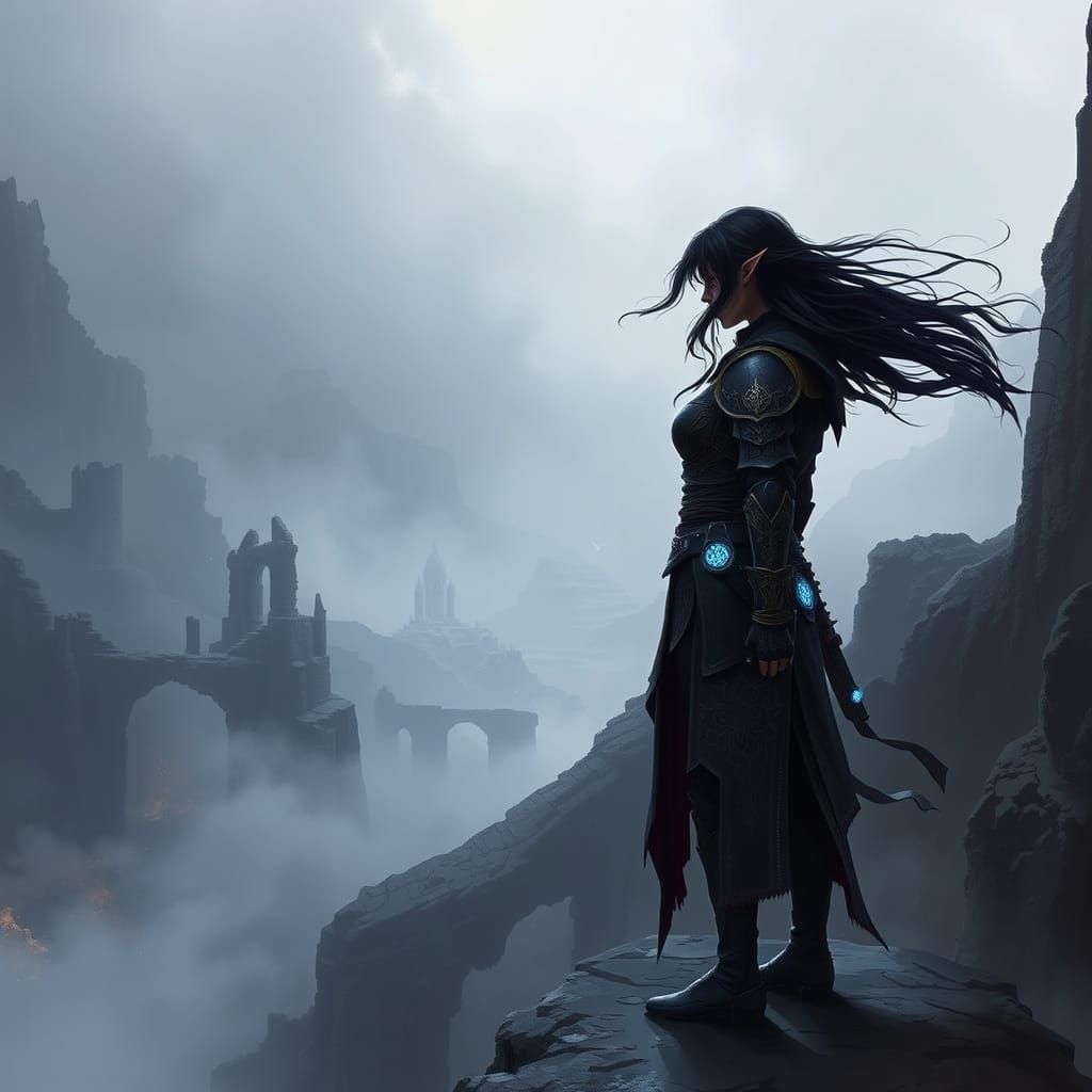 Warrior Woman on Precipice in Dark Fantasy Style