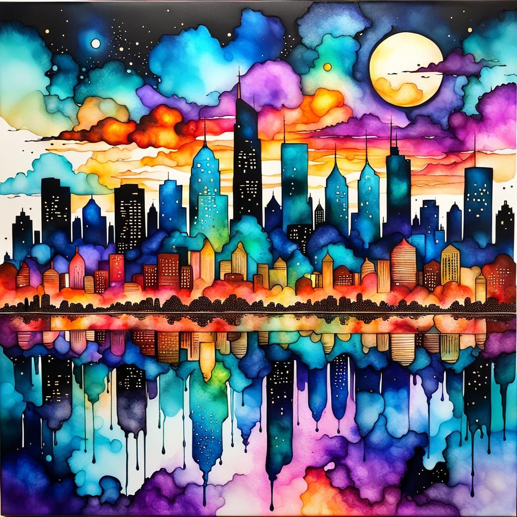 Cityscape Sunset in Alcohol Ink Style