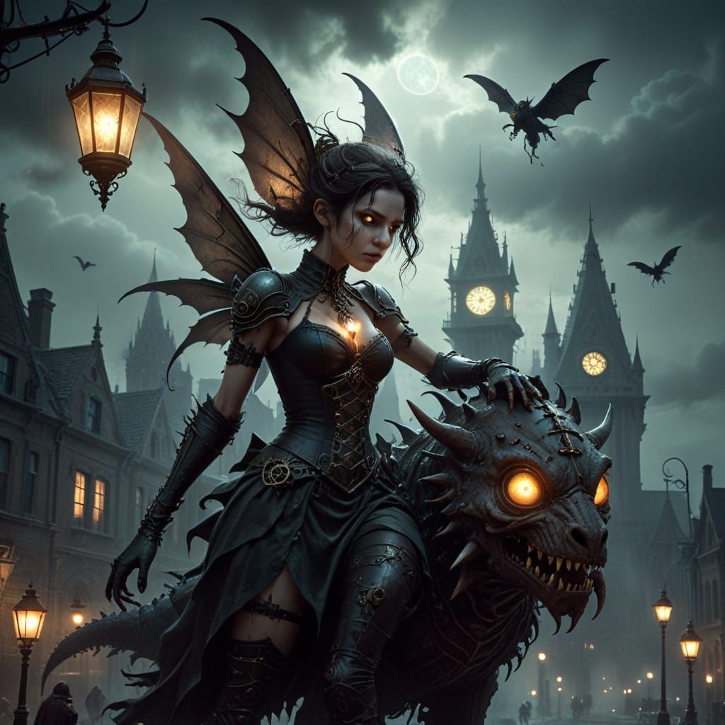 Steampunk Fairy Horror City Attack: Dark Fantasy Art