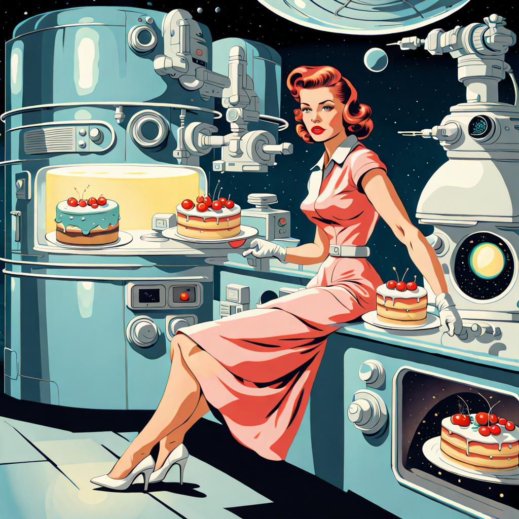 Retro-Futuristic 1950s Woman in Space Kitchen