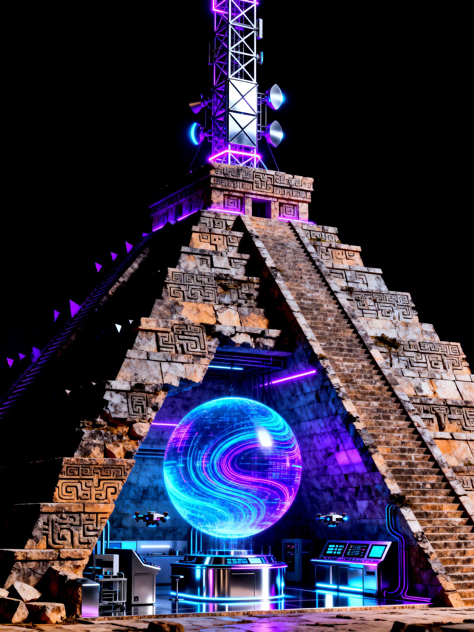 Aztec Pyramid Meets Cyberpunk Tower in High-Tech Lab