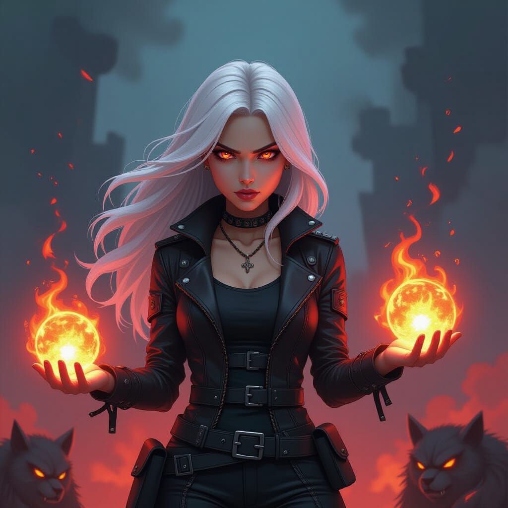 Fiery Woman in Dystopian Landscape - Digital Art