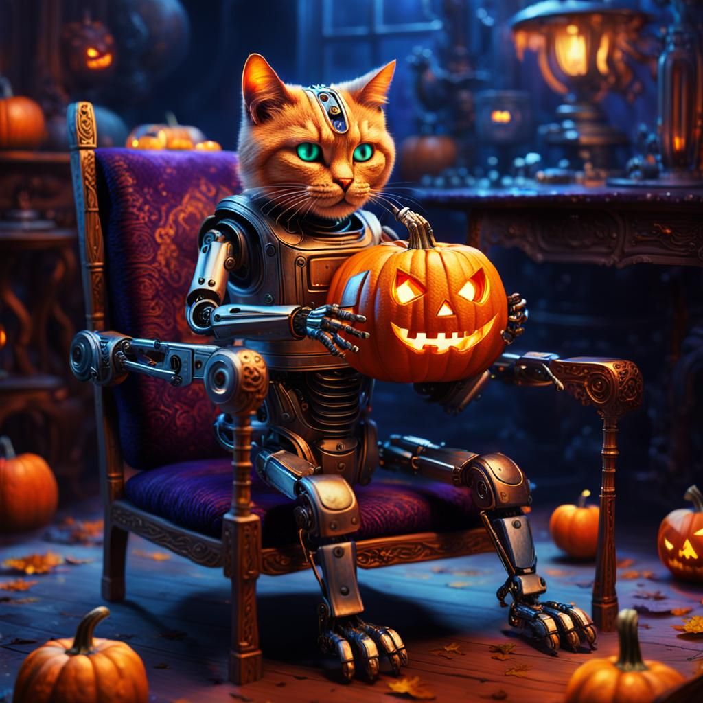 Whimsical Robot Cat Carves a Glowing Pumpkin in a Golden-Lit...