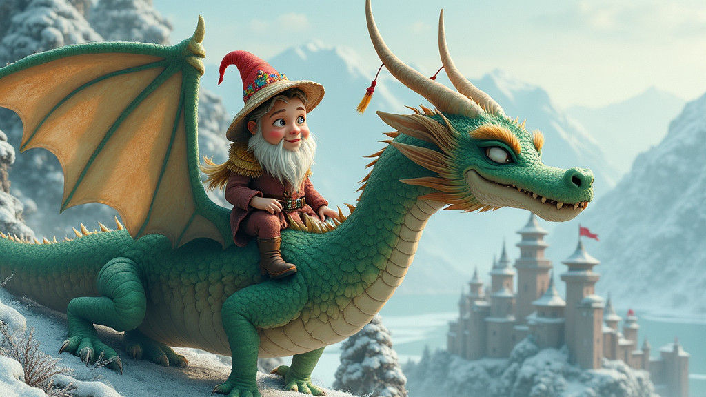 Gnome on Dragon Flight Over Winter Castle