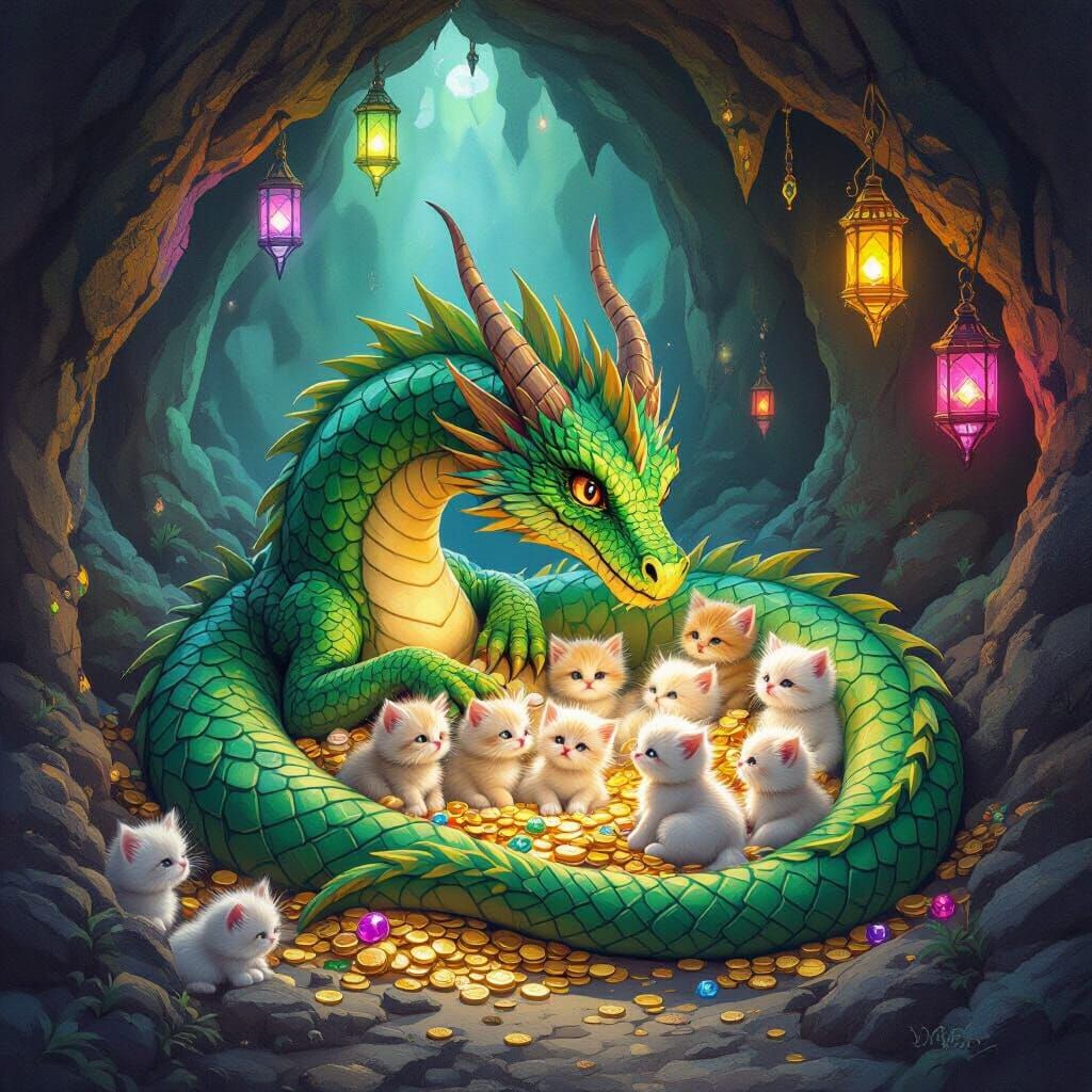 Dragon Guards Kittens in Glowing Cave
