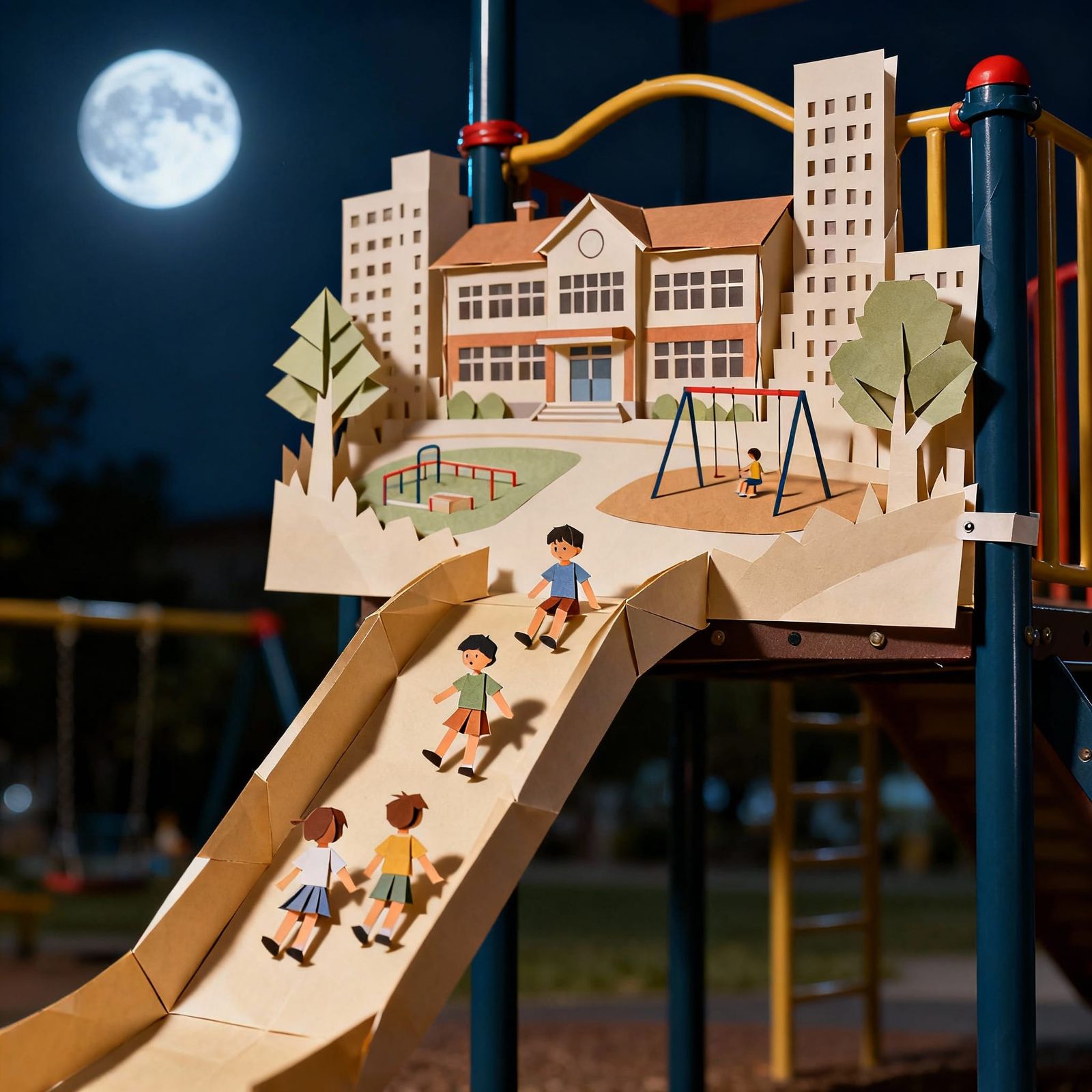 Paper Cutout City on Playground Slide Under Moonlight