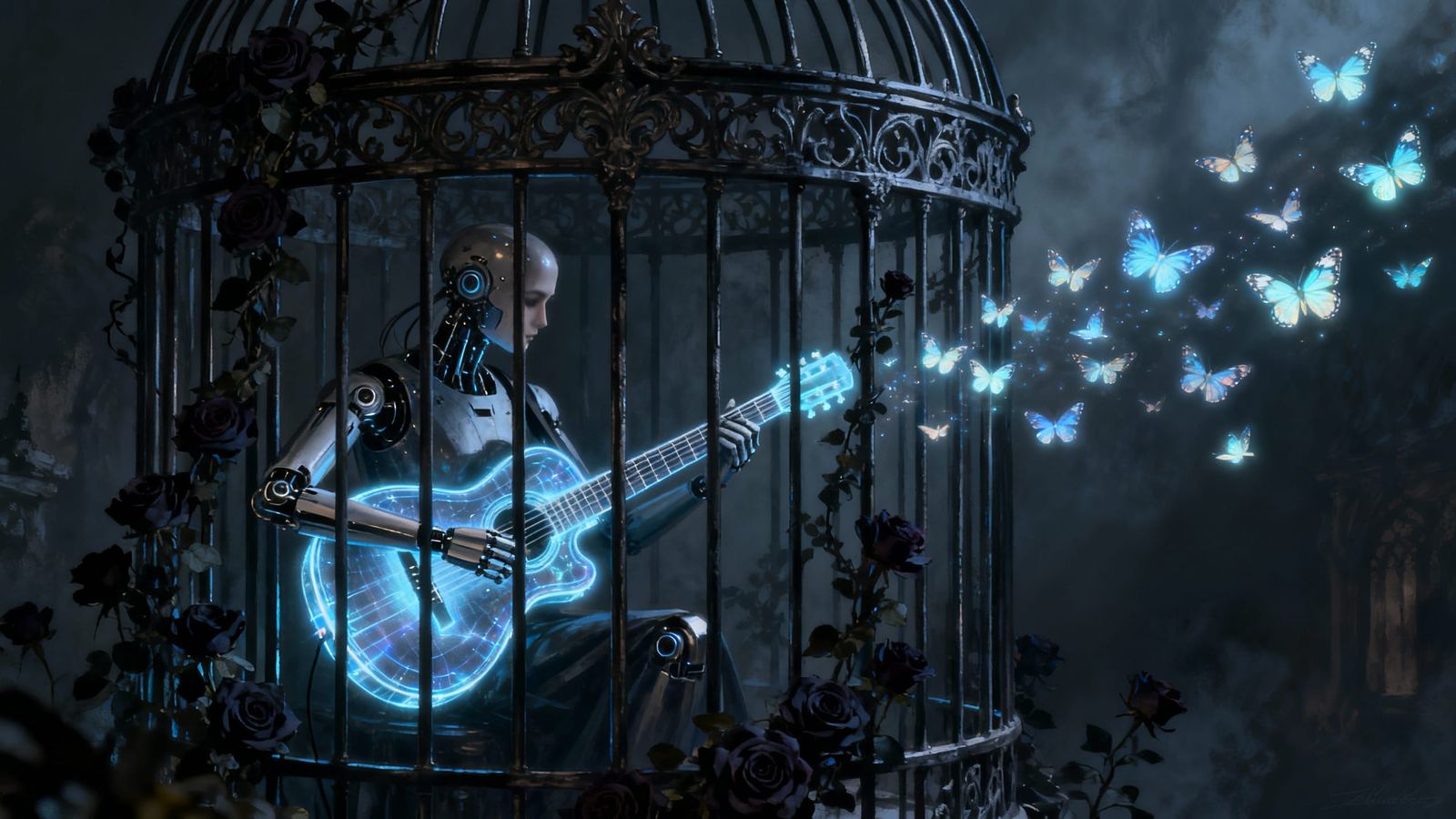 Cyborg Musician Trapped in Gothic Birdcage