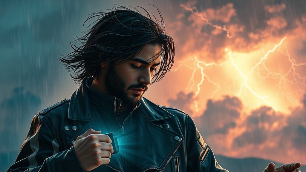 Activating Device Amidst Storm: Hyperrealistic Art