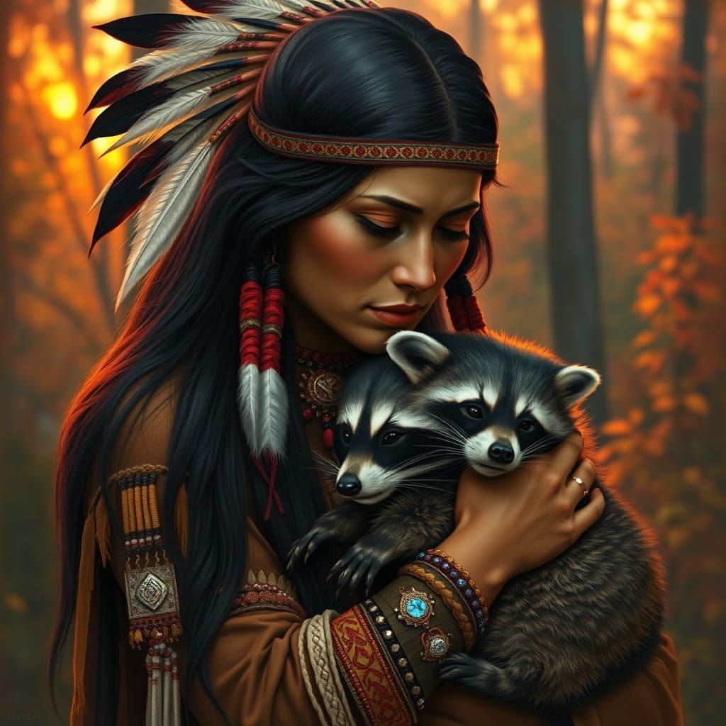 Native American Woman with Two-Headed Raccoon in Vibrant Sun...
