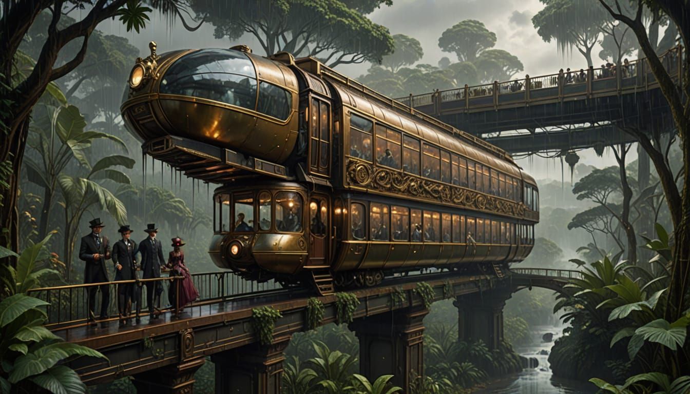 Steampunk Monorail in Rainy Jungle