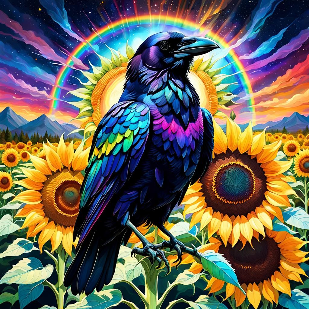 Rainbow Crow on Sunflower: Cosmic Astral Illustration