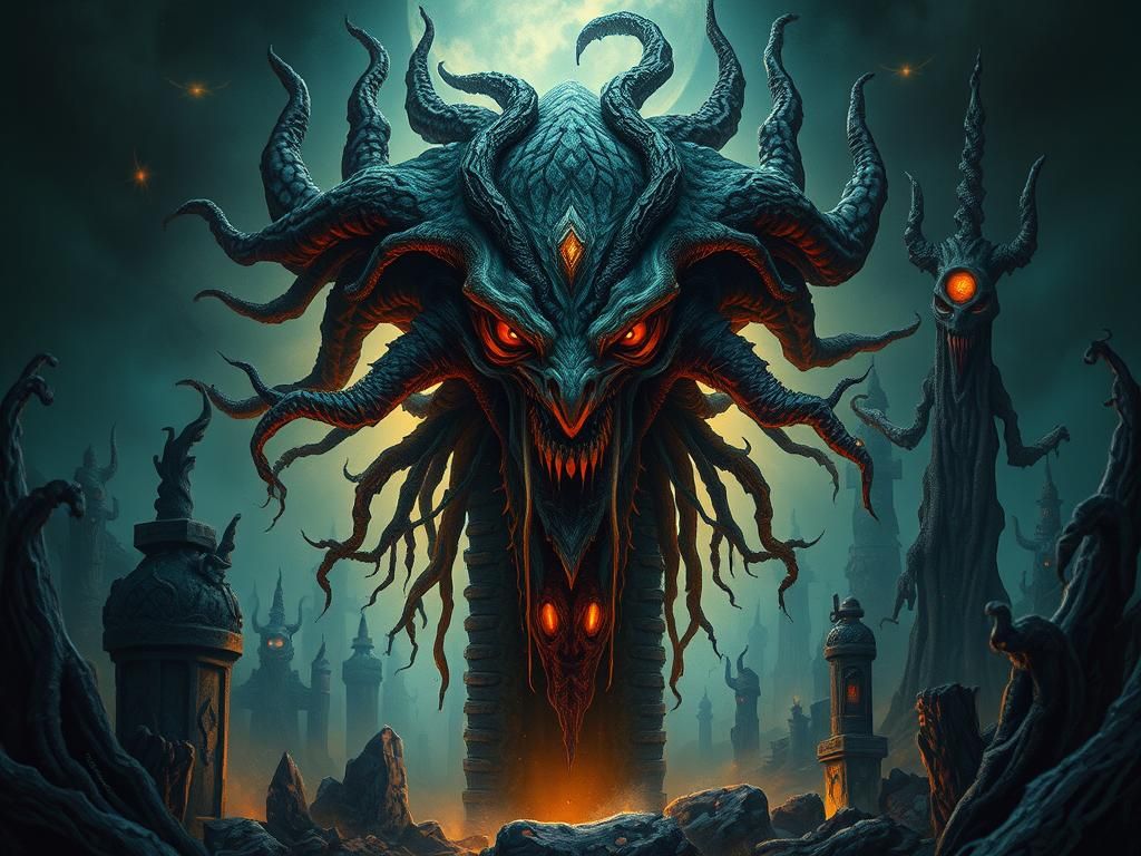 Otherworldly Being in Ruined Landscape, as Art Nouveau Art