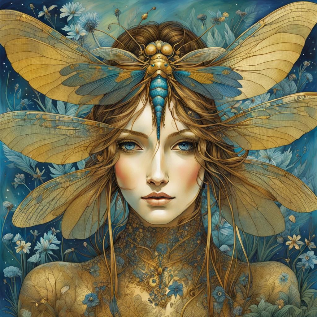 Gold and Blue Dragonfly in Botanical Art Style