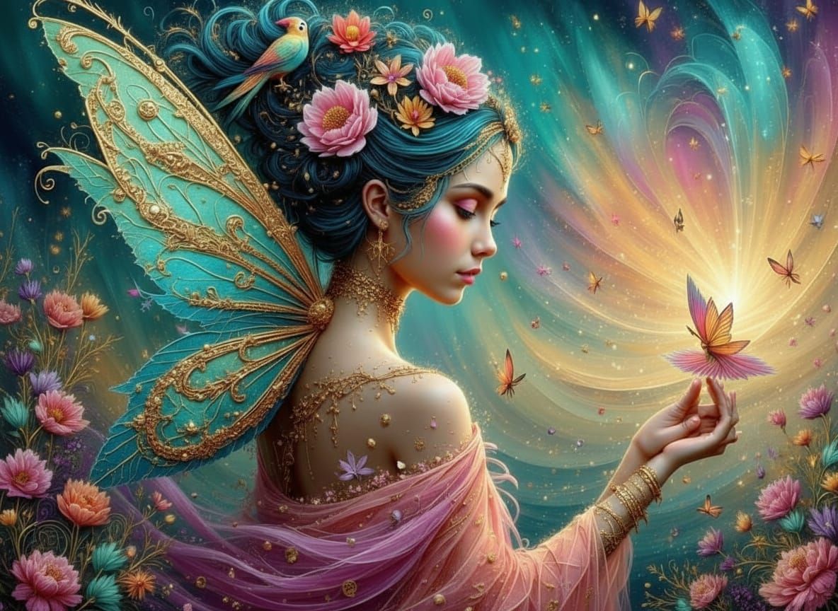 Enchanting Fairy in Lush Forest, Impasto Painting Style