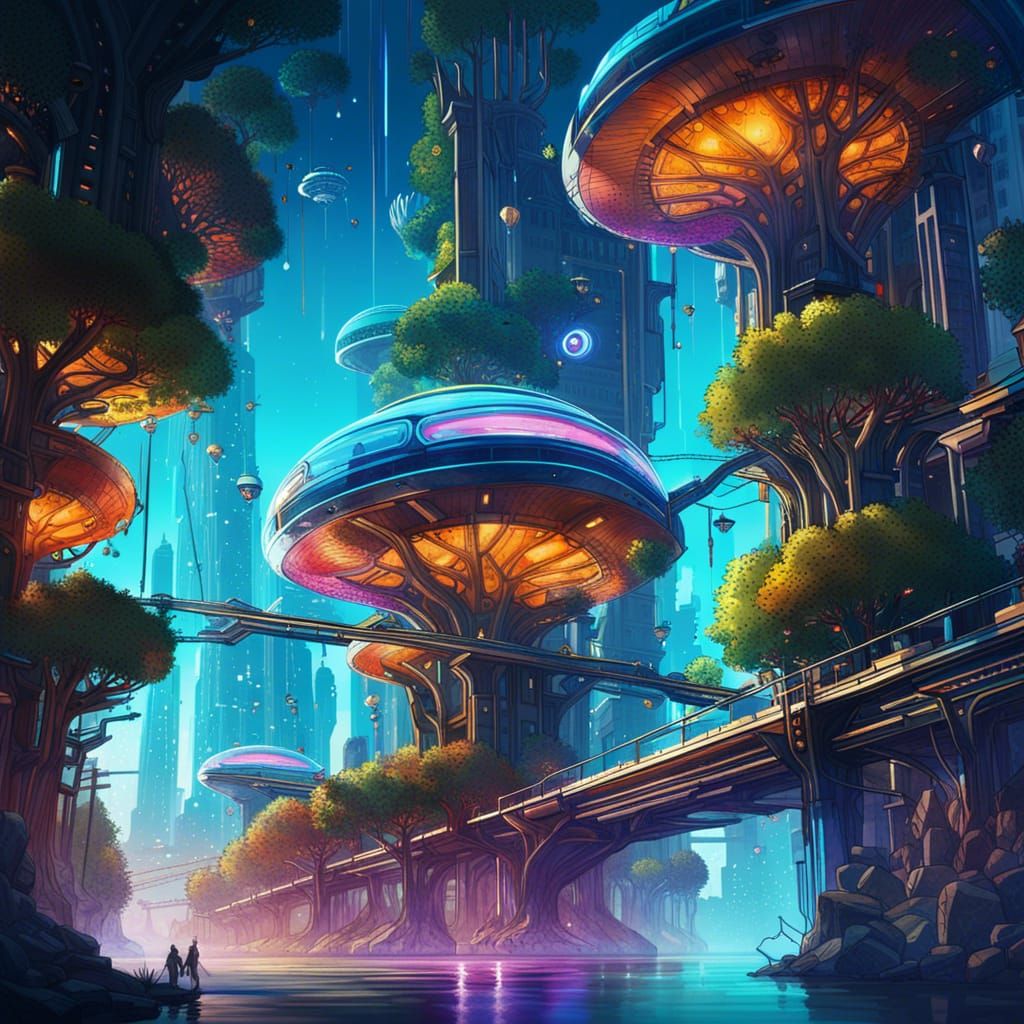 Futuristic City Among Bioluminescent Trees: Hyperrealistic A...