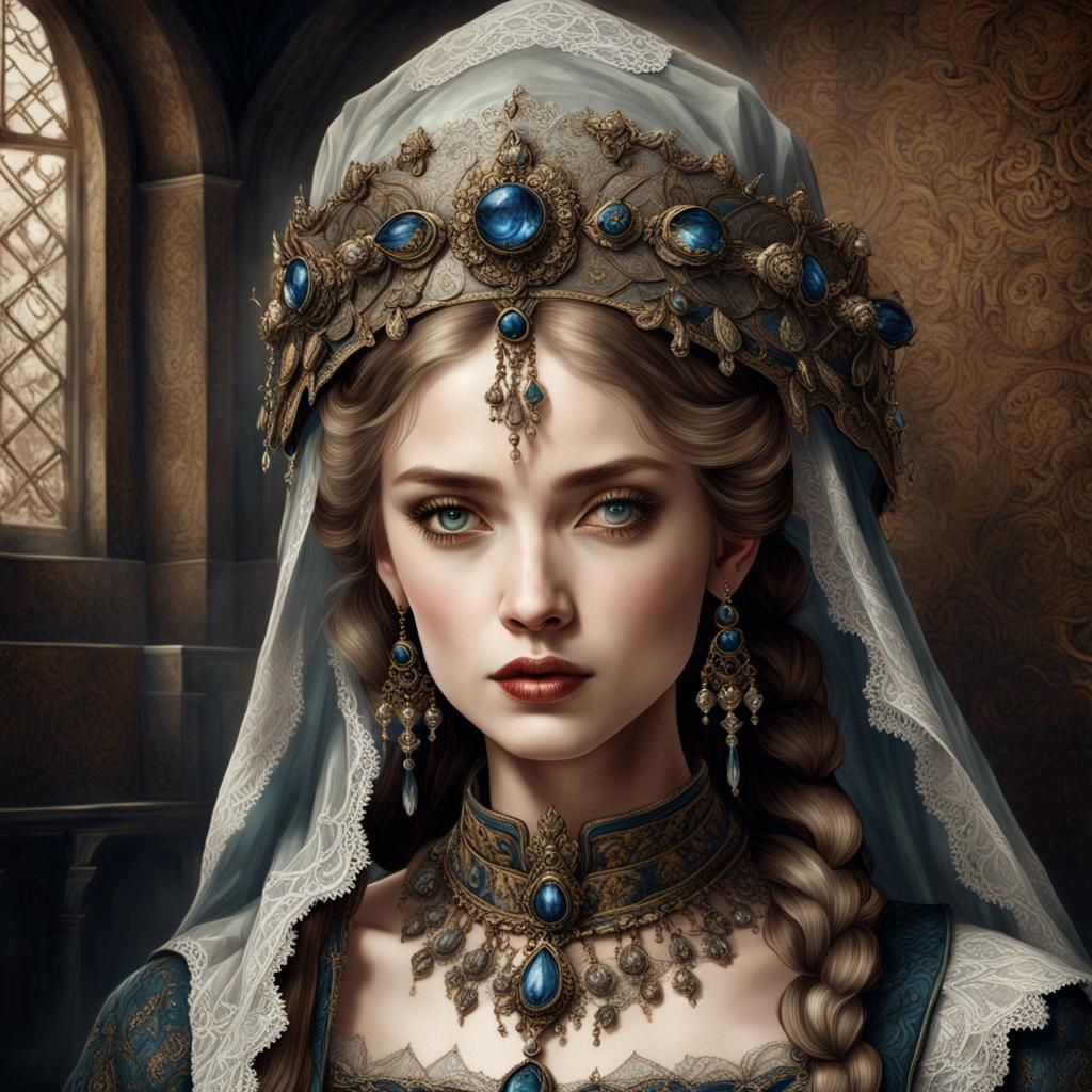 Woman in 14th Century Outfit: Vintage Oil Painting