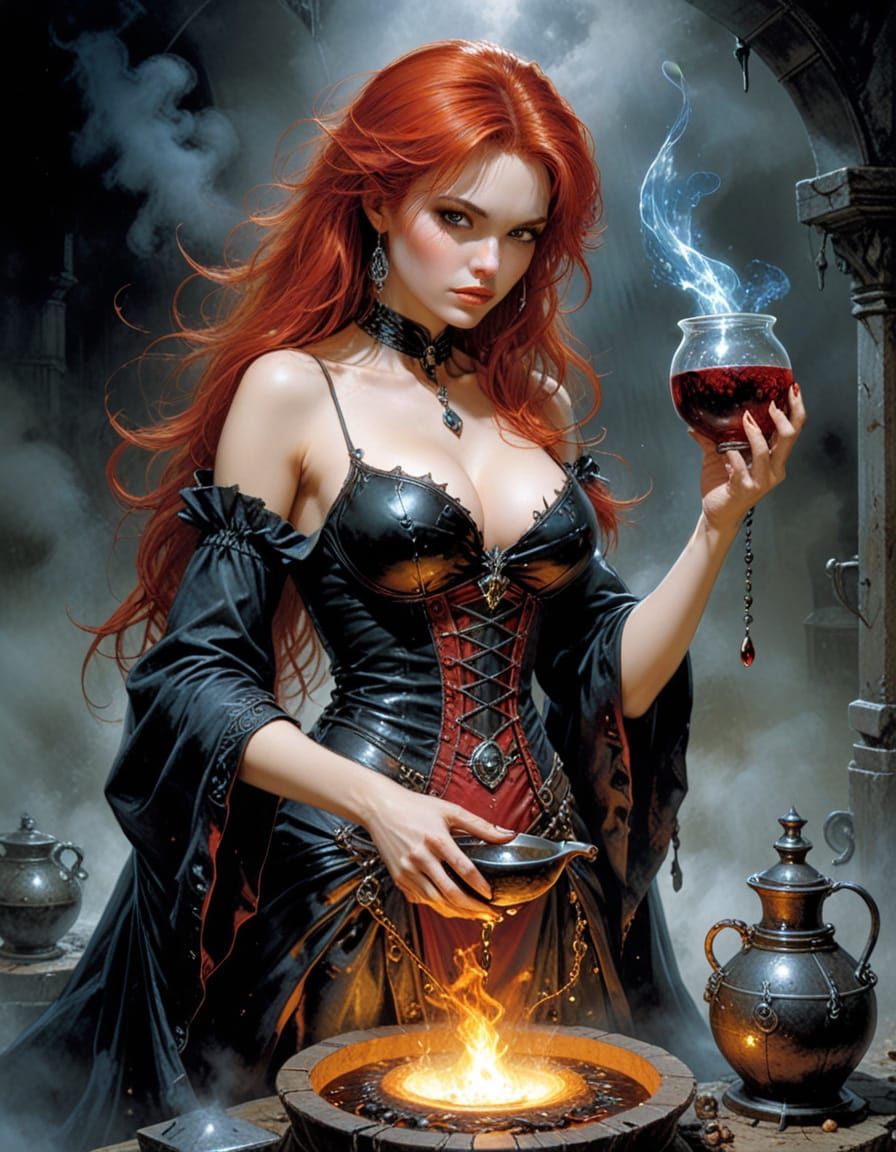 Enigmatic Red-Headed Sorceress Concocts Magical Elixir in Da...