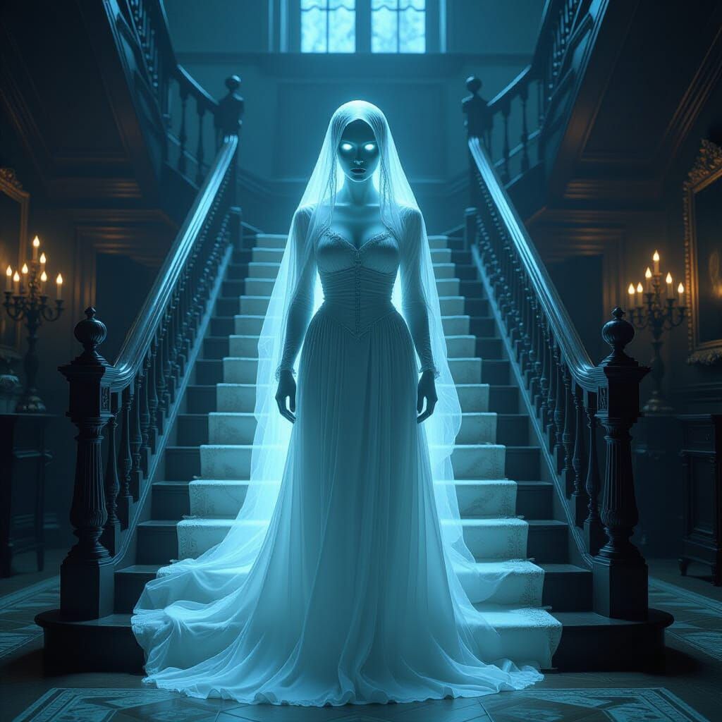 Ghostly Woman on Staircase in Victorian Drawing Room