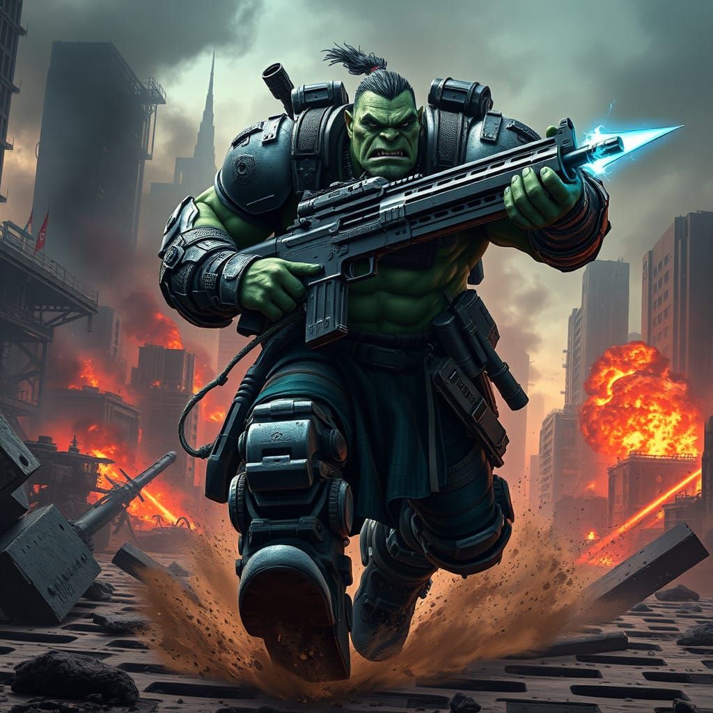 Cyberpunk Orc Charges Forward with High-Tech Rifle and Energ...