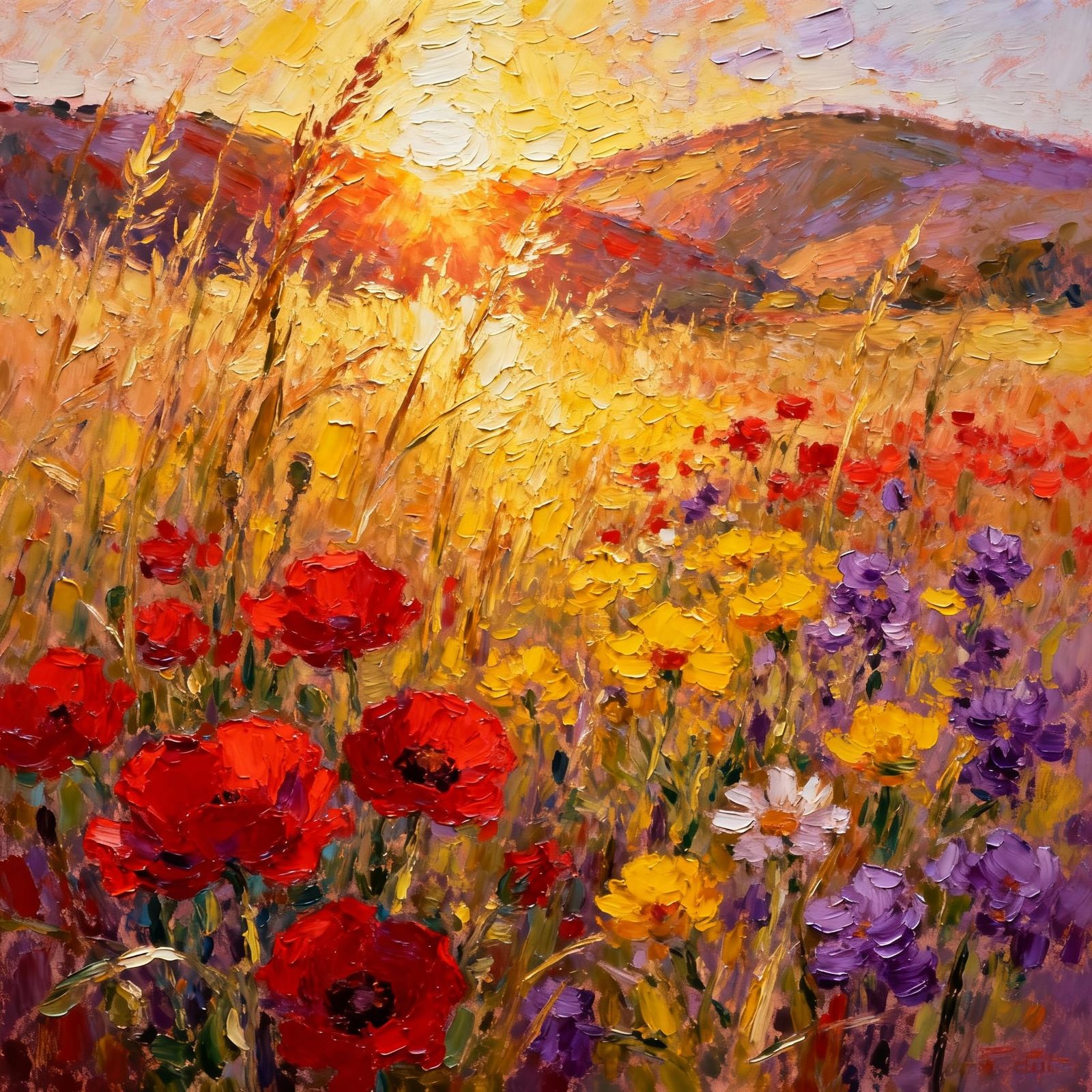 Impasto Oil Painting of Sunlit Wildflower Meadow