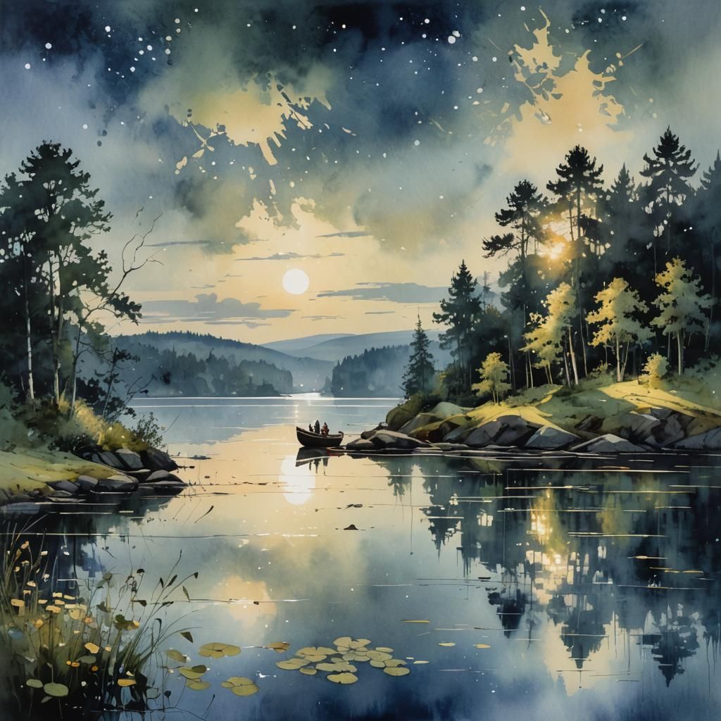 Swedish Lake Midsummer Night: Detailed Landscape