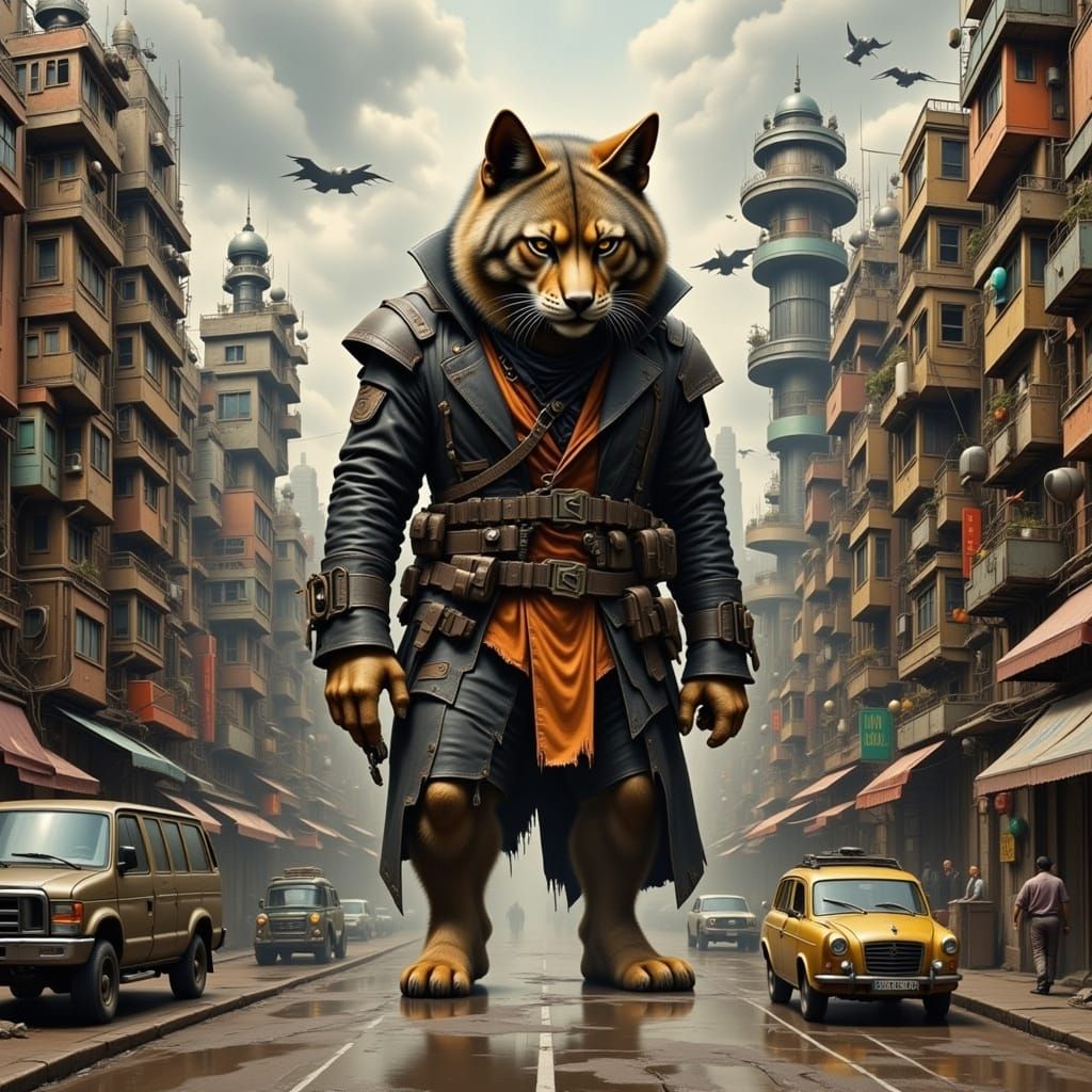 Giant Cat Dominates Dystopian Cityscape
