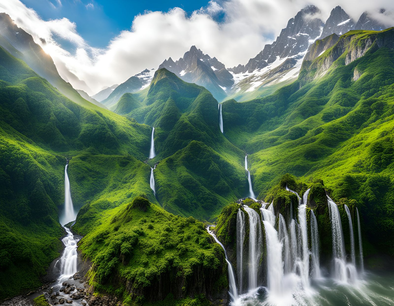 Picturesque Waterfall Flowing Through Mountain Forests