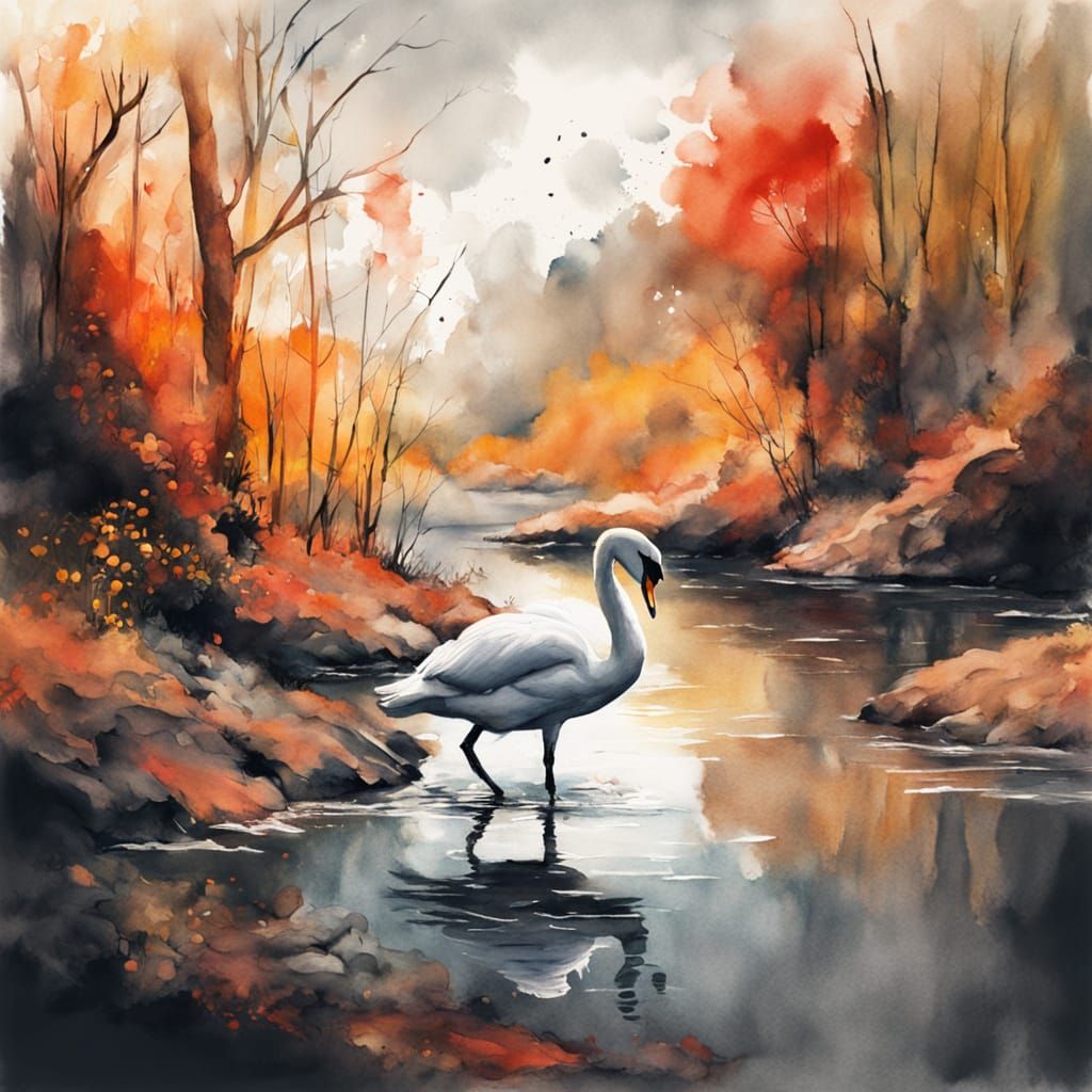 Hyperrealistic Landscape with Swan in Charcoal and Gouache